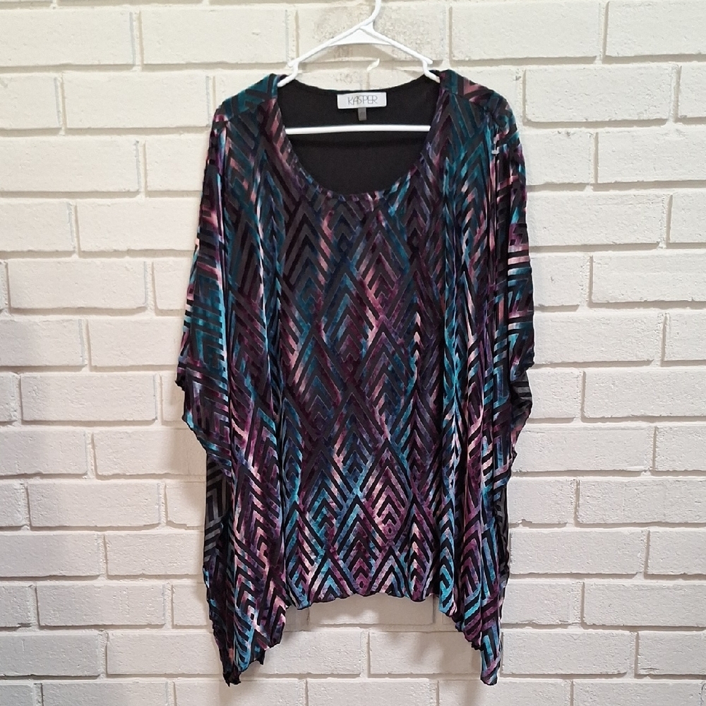 Kasper Multi-Color Geometric Print Tunic - Teal, Purple, Black